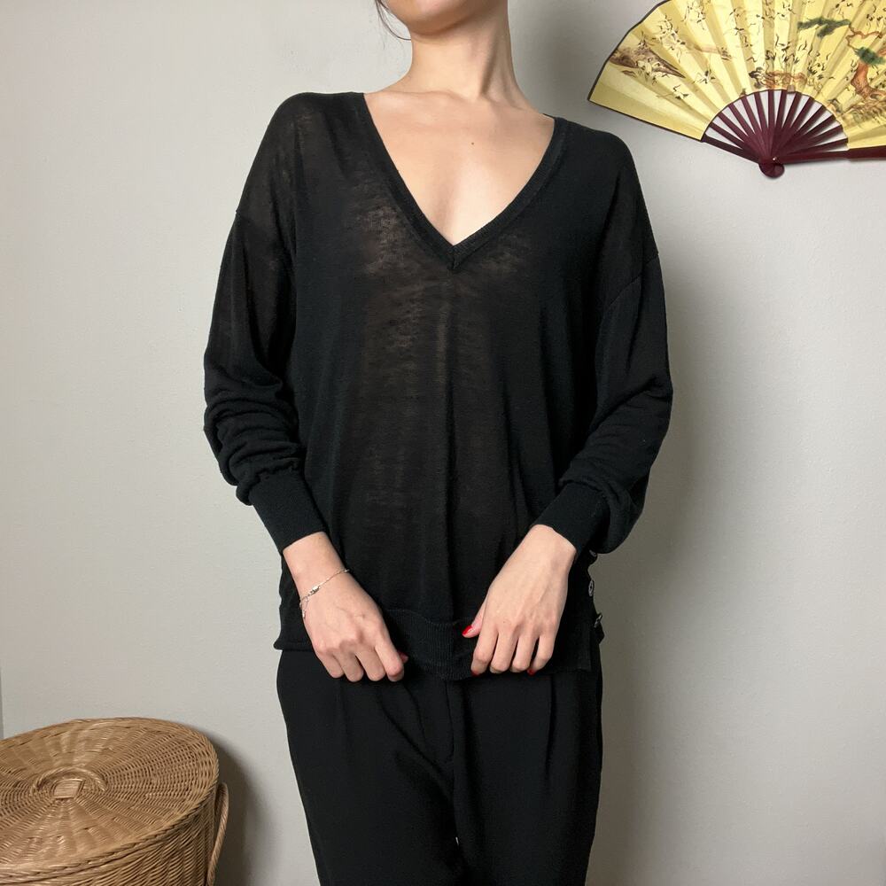 j crew black semi sheer knit linen minimalist v neck slouchy button sweater top